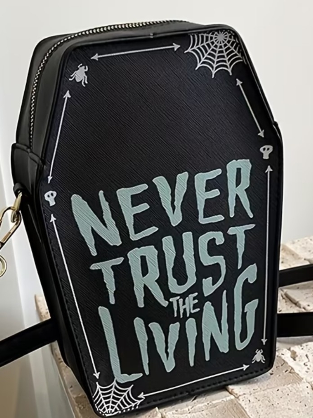Black Crossbody Bag with 'Never Trust The Living' Graphic Goth Steam Punk 90s